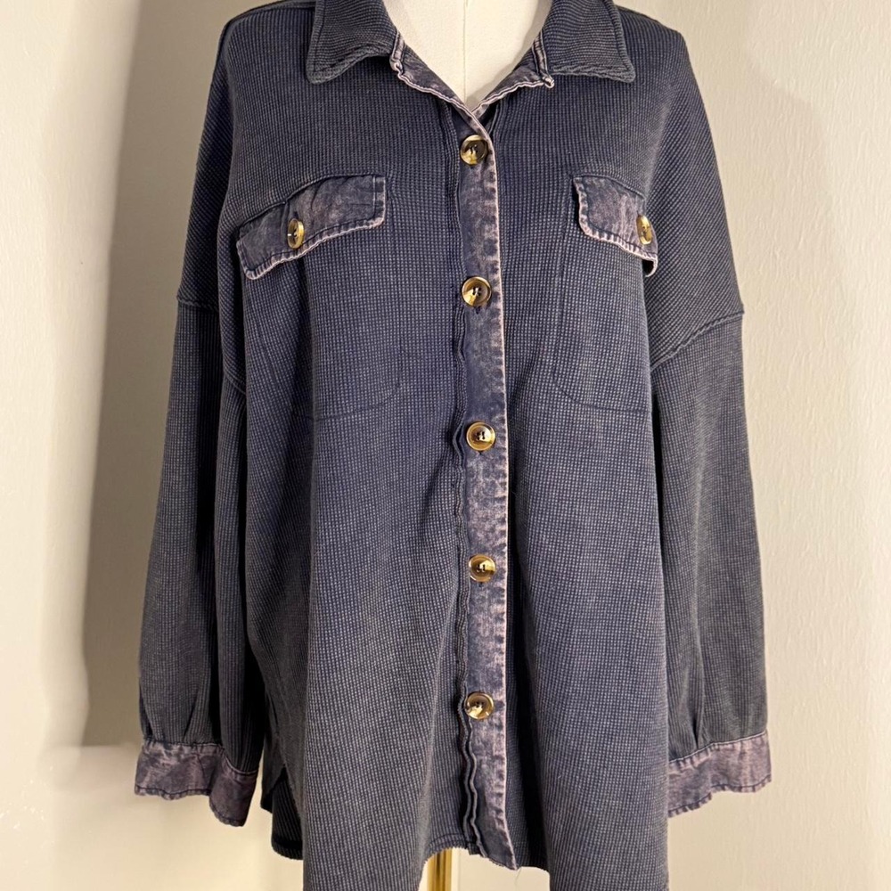 Listicle Mens Thermal Buttondown Long Sleeve Sweatshirt Jacket Navy Blue M